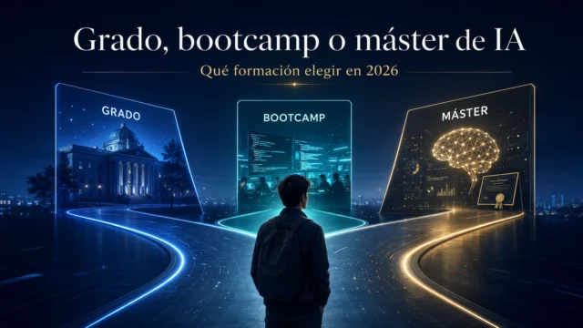 Grado, bootcamp o máster de IA: qué camino elegir en 2026. Fotografía editorial relacionada con Grado bootcamp máster. publicada en Netaware