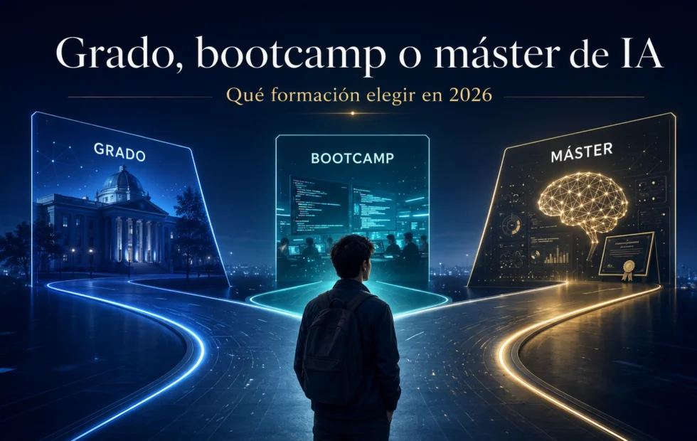 Grado, bootcamp o máster de IA: qué camino elegir en 2026. Fotografía editorial relacionada con Grado bootcamp máster. publicada en Netaware